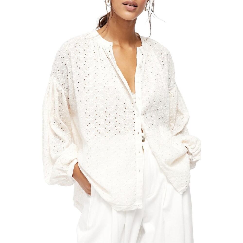 Free People Maddison Eyelet Cotton Blouse Ivory white Oversized Balloon XL - Picture 12 of 15